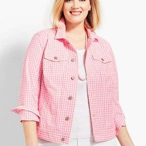 Talbots Pink And White Gingham Cotton-blend Denim Jacket